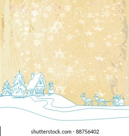Happy New year card with Santa and winter landscape