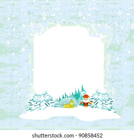 Happy New year card with Santa and winter landscape