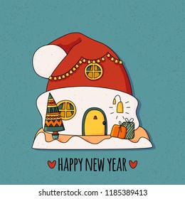
Happy new year card. 
Santa's hat as a Christmas home. The concept of a family holiday. Cartoon Vector