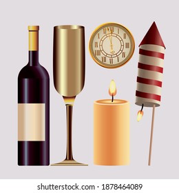 happy new year card with set icons vector illustration design