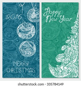 Happy new year card set with christmas tree and xmas balls 2016