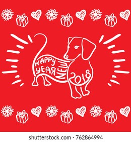 Happy new year card with several pictured elements - dachshund dog, gift boxes, hearts and candy canes, Red background.