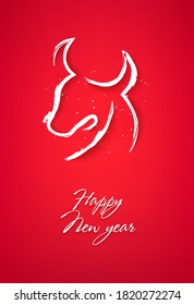 Happy New Year card with silhouette of the cow and snow on red background. Vector illustration in Chinese calligraphy style. 