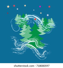 Happy New Year card. Silhouette design green spruce on white background. Symbol of winter, decoration and Christmas holiday season. Isolated graphic element. Flat vector image. Vector illustration