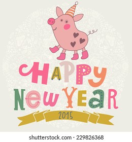 Happy New year card with small cartoon little pig in vector