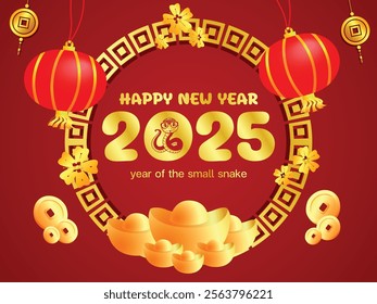 happy new year card snake Lucky 2025 background red sky china gold illusrtation design