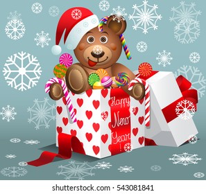 Happy New Year card with snowflakes background.Cute teddy bear in santa cap with colorful sweets in gift box.Happy New Year text.Vector illustration.Candy box.Merry Christmas and Happy New Year card.