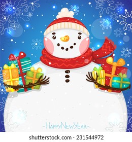 Happy New Year card with Snowman and gifts, vector.
