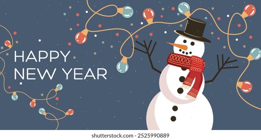 
Happy New Year card with a snowman and a garland