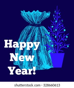 Happy New Year card. Spruce tree and a large blue gifts bag. Abstract winter background with snowflakes. Vector illustration.
