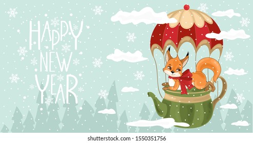 Happy New Year card with a squirrel on a hot air balloon. Handwritten Christmas greetings. Vector illustration.