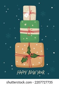 Alles Gute für das neue Jahr mit Geschenkbox und Inschrift Happy New Year auf dunklem Hintergrund. Handgezeichnete Schrift mit Feiertagssymbol. Vektordesign-Vorlagen. Neues Jahr, Weihnachten, Winterzeichen