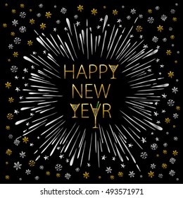 Happy New Year Card with Starburst. snowflake wineglass champagne Vector illustration. art