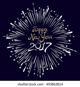 Happy New Year Card with Starburst. snowflake wineglass champagne Vector illustration. art