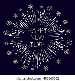 Happy New Year Card with Starburst. snowflake wineglass champagne Vector illustration. art