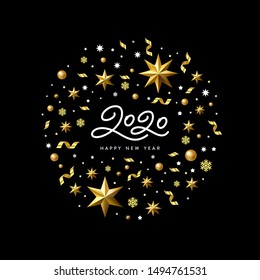 Happy New Year Card with Stars. Holiday decoration with sparkling tinsel particles. Happy New Year. Vector illustration.