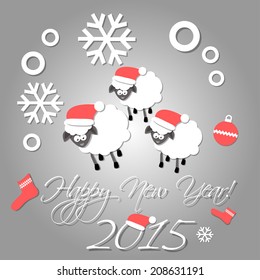Happy New year card with stickers: sheep, socks, snowflake and Christmas ball. Vector.