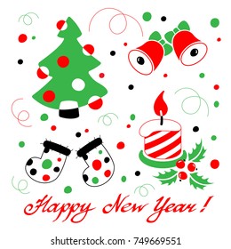 Happy New Year card with a stylized christmas tree, a candle, christmas bells, christmas socks and a holly on white background. Vector Illustration