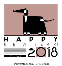 Happy New Year card with a stylized dog of afghan hound breed on graphic background. Vector Illustration