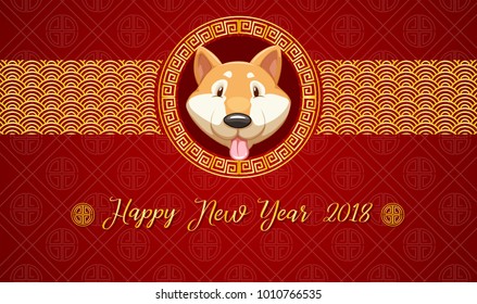 Happy new year card template with dog on red background illustration