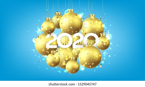 Happy New Year card template. Holiday vector illustration with realistic golden Christmas balls and 2020 number. Decoration balls, confetti and effect bokeh on blue background.