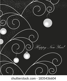 Happy New Year card template. Abstract Christmas tree on black background