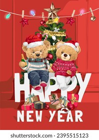 happy new year card template with bear doll couple sitting in front of christmas tree vector illustration on red background 