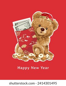 happy new year card template with bear doll holding money envelop hand drawn vector illustration