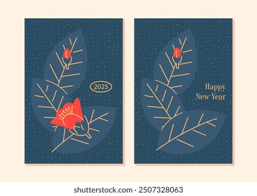 Happy new year card template with leaves and flowers with space for text in minimalistic style