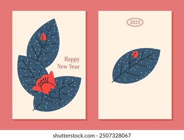 Happy new year card template with leaves and flowers with space for text in minimalistic style