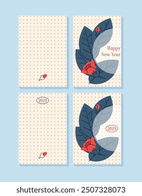 Happy new year card template with leaves and flowers with space for text in minimalistic style