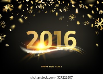 Happy new year card template over black background with golden sparks. Happy new year 2016. Template for your design. Vector illustration.