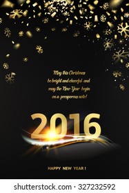 Happy new year card template over black background with golden sparks. Happy new year 2016. Template for your design. Vector illustration.