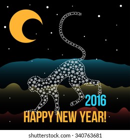 Happy New Year card template with monkey made of snowflakes for use in design for card, invitation, poster, banner, placard, billboard cover