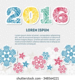 Happy new year card template with multicolor figures vector illustration