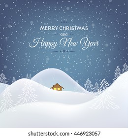 Happy New Year card template. Snowy landscape: house, hills, mountains, forest. White and blue. Night sky.