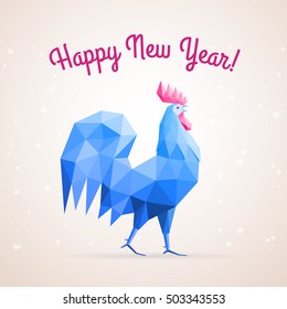 Happy new year card template with Low poly rooster vector illustration.