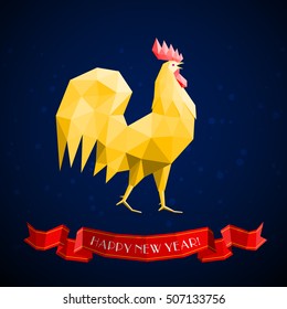 Happy new year card template with Low poly rooster vector illustration.
