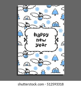 Happy new year card template with cute cartoon snowy owl. Vector doodle icebergs. Arctic bird wears scarf
