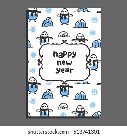 Happy new year card template with cute cartoon penguin. Vector doodle icebergs, igloo. Arctic bird wears scarf