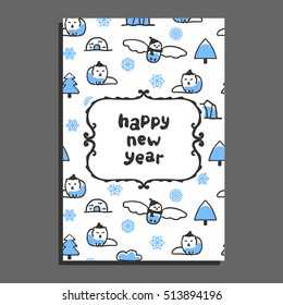 Happy new year card template with cute cartoon snowy owl and arctic fox. Vector doodle icebergs, igloo