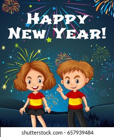 Happy New Year card template with kids and fireworks illustration
