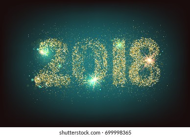 Happy new year card template over dark background with golden sparks. Happy new year 2018. Template for your design. Vector illustration.