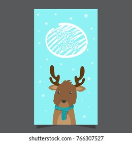 happy new year card template.deer cartoon hand drawn.
