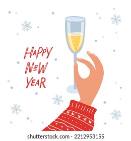 Happy new year card. Toasting champagne glass and snow. Human hand holding champagne glass isolated on white background. Festive congratulations. Flat vector Celebration illustration. Alcohol drink