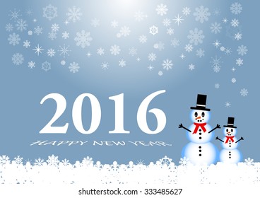 Happy new year card with two snowmans, snowflakes and the numbers 2016 with inscription Happy New Year on the trendy light blue background.