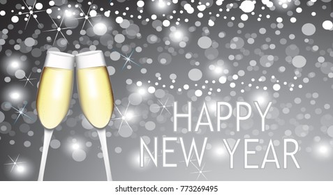 Happy new year card with two champagne glasses, vector