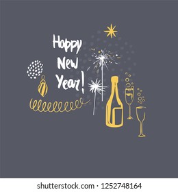 Happy New Year card. Vector sketch illustration.