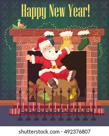 Happy New Year card. Vector background with Santa Claus and a fireplace. Greeting Card Happy New Year.