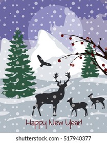 Happy New Year card Vector. Snowing Magic Winter night in the forest. Landscape view and reindeers silhouettes. Snowfall scenic greeting card